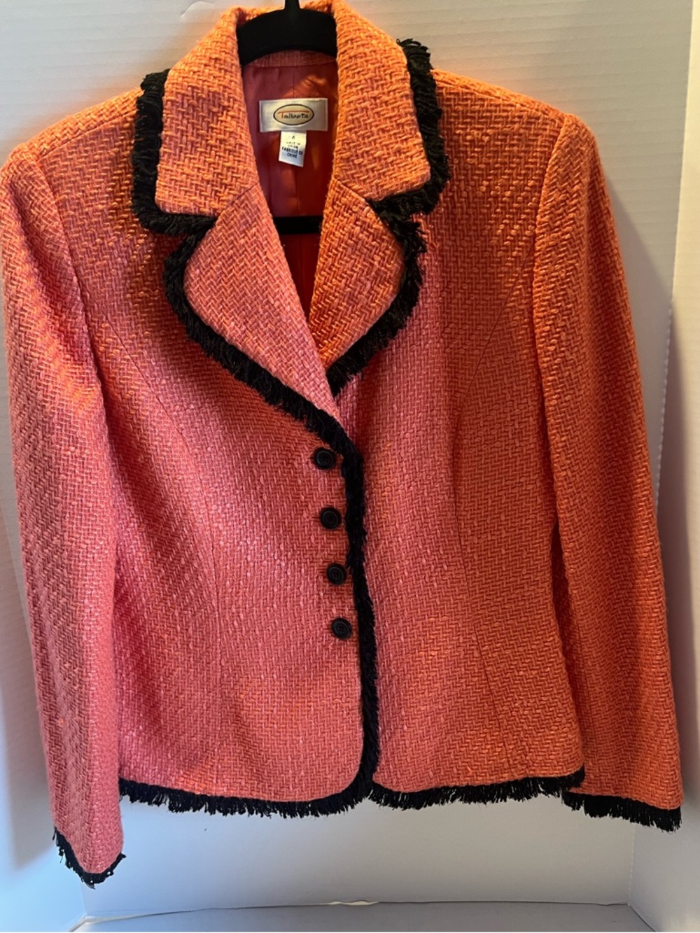 Talbots Vintage Coral Tweed Blazer Jacket with Black Fringe Trim - Size 6